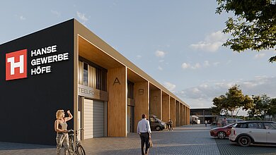 Aussenansicht von Hanse Gewerbehöfe Halle mit Logo und Menschen im Vordergrund