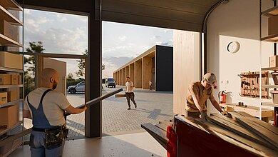 Handwerker Produktionsfläche mit Blick nach Aussen auf Hanse Gewerbehöfe Halle